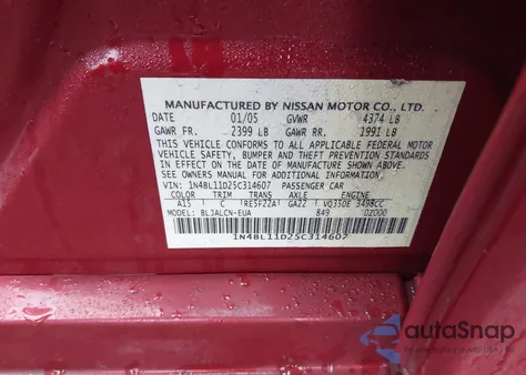 2005 Nissan Altima 3.5 Se from USA, damaged, VIN 1N4BL11D25C314607